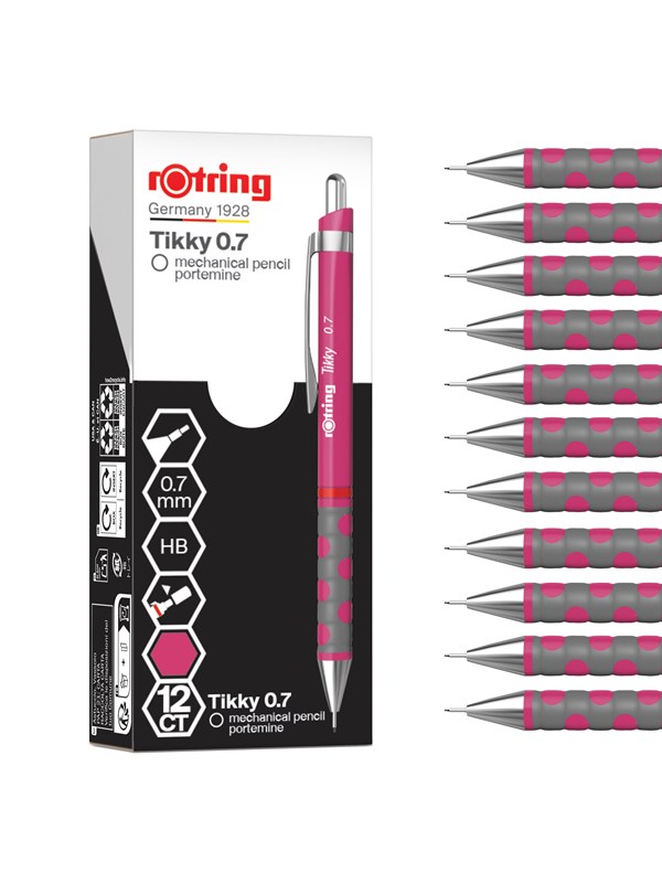 Rotring Tikky Mechanical Pencil | HB 0.7 mm | Magenta (pink) Barrel | Lightweight with Rubberised Grip | 12 Count