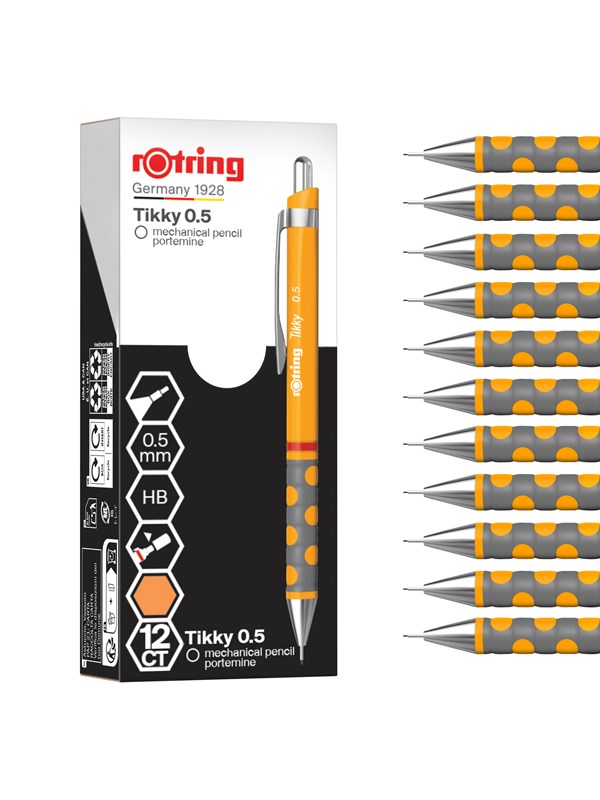 Rotring Tikky Mechanical Pencil | HB 0.5 mm | Marigold (orange) Barrel | Lightweight with Rubberised Grip | 12 Count