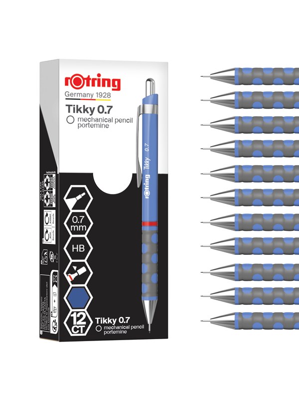 Rotring Tikky Mechanical Pencil | HB 0.7 mm | Iris (blue) Barrel | Lightweight with Rubberised Grip | 12 Count