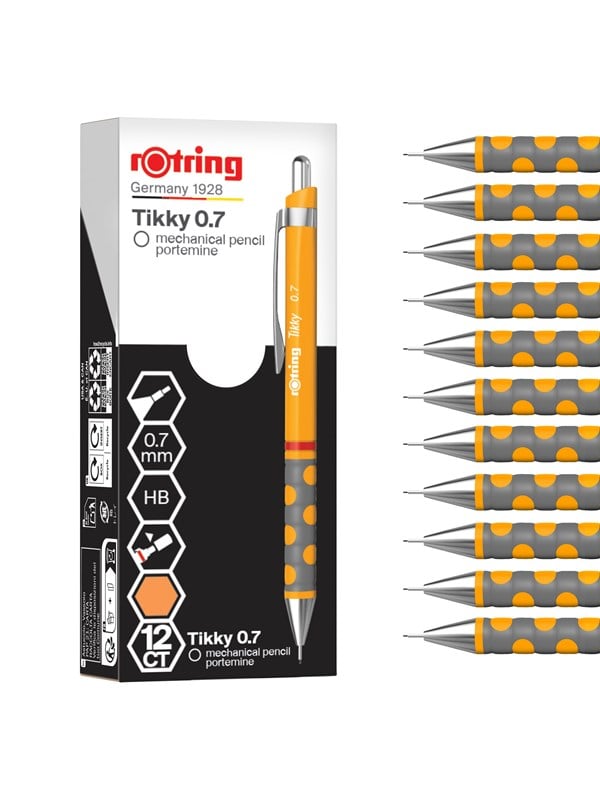 Rotring Tikky Mechanical Pencil | HB 0.7 mm | Marigold (orange) Barrel | Lightweight with Rubberised Grip | 12 Count