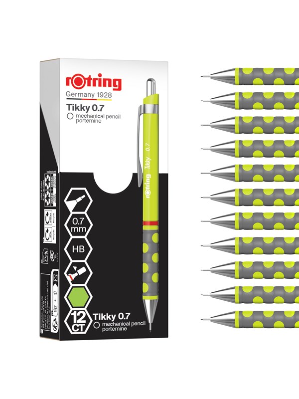 Rotring Tikky Mechanical Pencil | HB 0.7 mm | Spidermum (lime) Barrel | Lightweight with Rubberised Grip | 12 Count