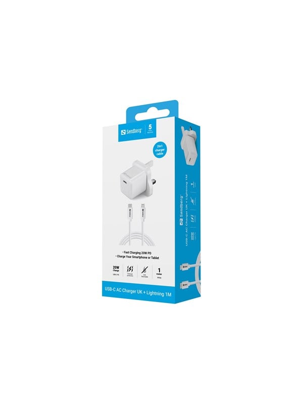 Sandberg USB-C AC 20W Charger UK  Lightning 1M