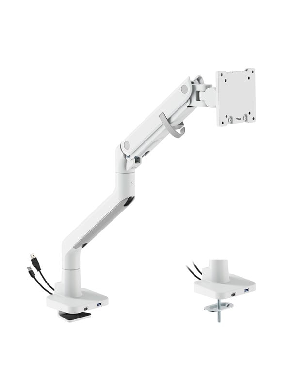 DUTZO Monitorarm für 1 Monitor (bis zu 57") - Heavy Duty Deluxe mit USB A- und C-Anschlüssen - Weiß