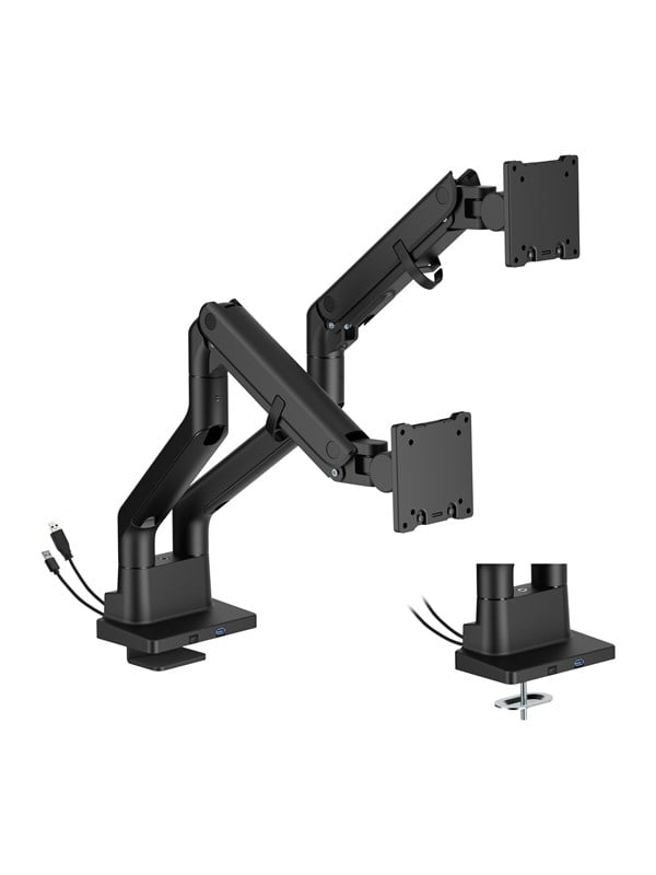 DUTZO Monitorarm für 2 Monitore (27" - 45") - Heavy Duty Deluxe mit USB A- und C-Anschlüssen - Schwarz