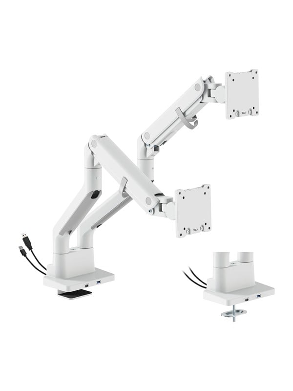 DUTZO Monitorarm für 2 Monitore (27" - 45") - Heavy Duty Deluxe mit USB A- und C-Anschlüssen - Weiß