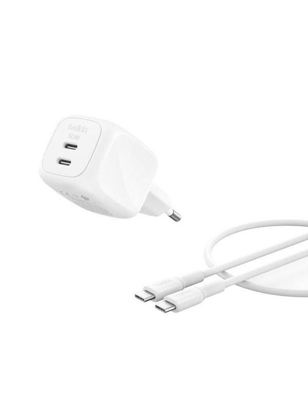 Belkin BoostCharge 50W Dual USB-C PD Wall Charger w PPS WHT w 1m USB-C-C  Cabl