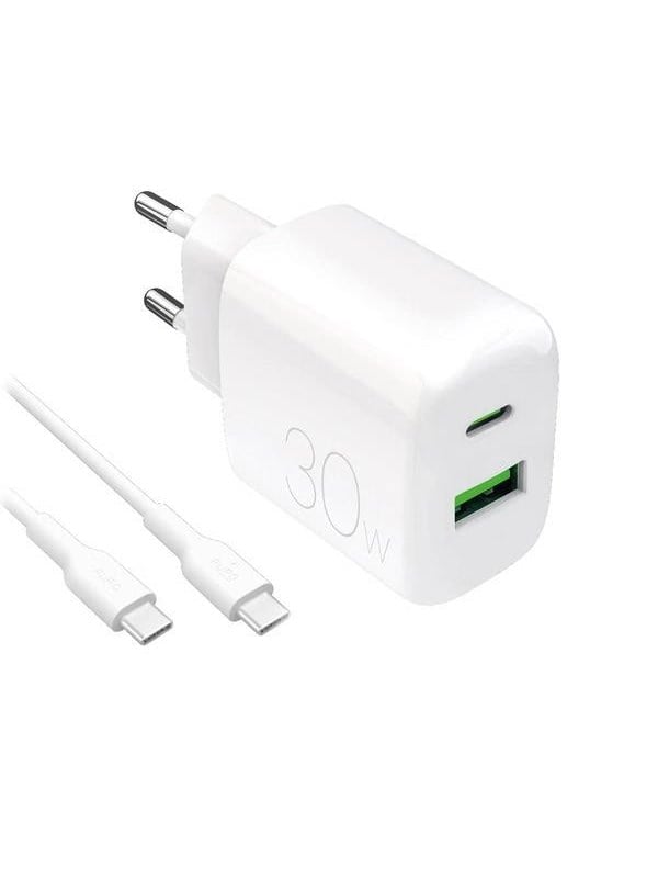 Puro PROLITE 30W USB-A / USB-C Wall Charger + USB-C - USB-C 1.2m Cable - White