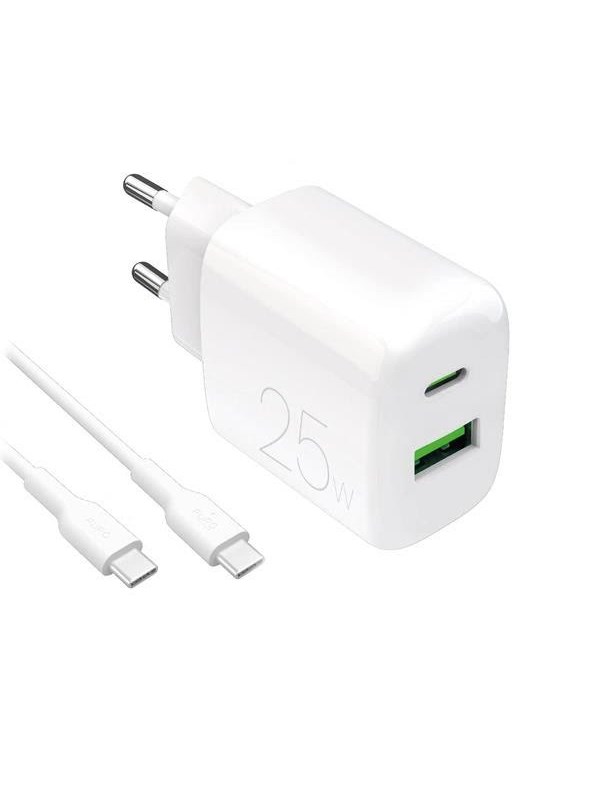 Puro PROLITE 25W USB-A / USB-C Wall Charger + USB-C - USB-C 1.2m Cable - White