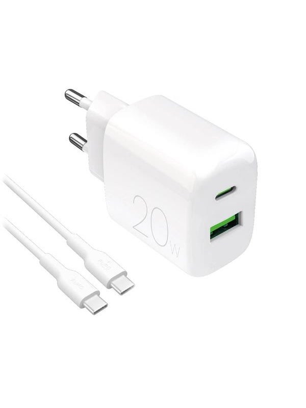 Puro PROLITE 20W USB-A / USB-C Wall Charger + USB-C - USB-C 1.2m Cable - White