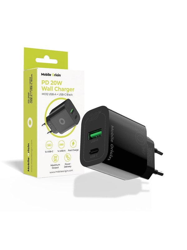 Mobile Origin PD20W Wall Charger MO12 black 1 USB-A + 1 USB-C