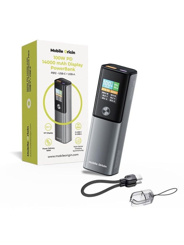 Mobile Origin 100W PD 14000mAh Display PowerBank PB12 - USB-C + USB-A Powerbank (Akku) - Grau - 14000 mAh