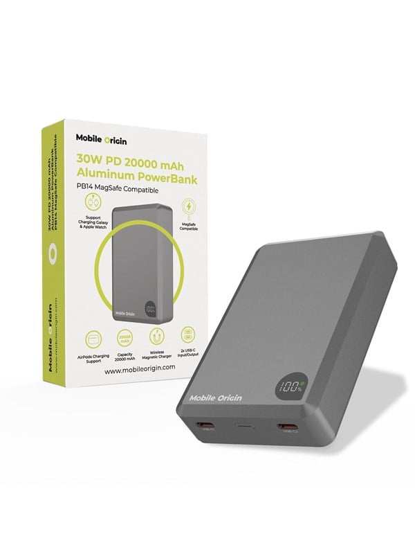 Mobile Origin 30W PD 20000mAh Aluminum PowerBank PB14 MagSafe Compatible Powerbank (Akku) - Grau - 20000 mAh