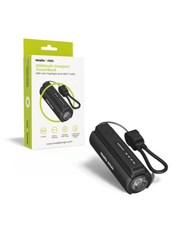 Mobile Origin 5000mAh Compact PowerBank PB7 with Flashlight and USB-C Cable Powerbank (Akku) - schwarz - 5000 mAh