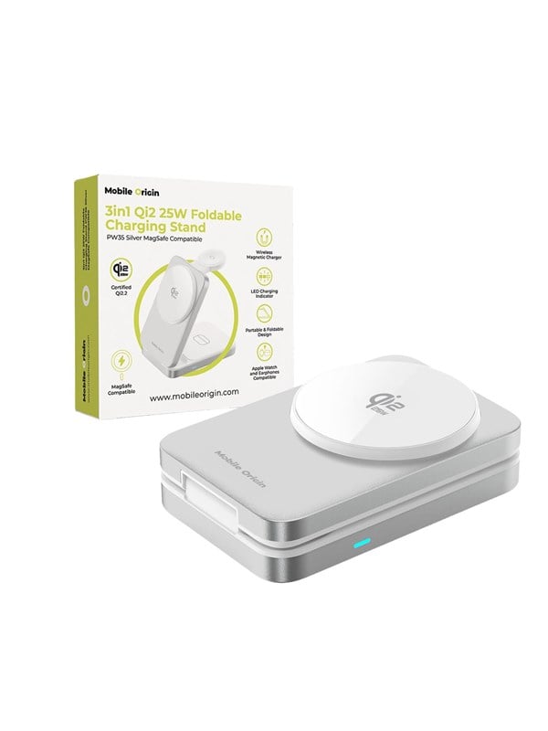 Mobile Origin 3in1 Qi2 25W Foldable Charging Stand PW35.MagSafe Compatible - Silver