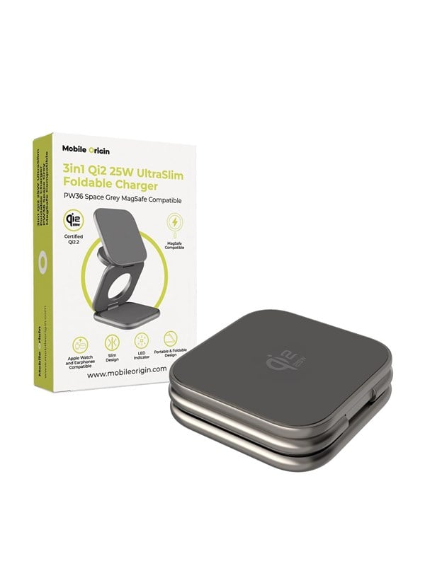 Mobile Origin 3in1 Qi2 25W UltraSlim Foldable Charger PW36 MagSafe Compatible Space Grey