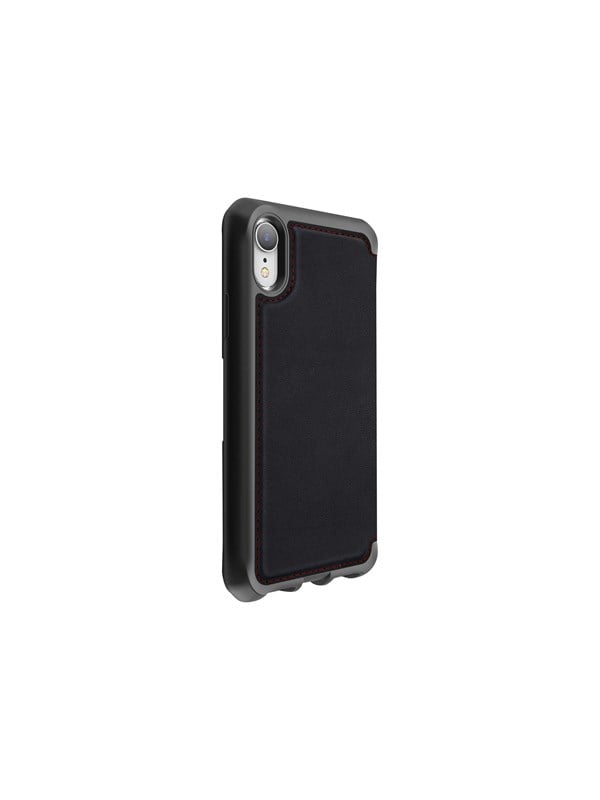 ITSKINS HYBRID FOLIO cover for iPhone XR®. Black and red with recycled leather