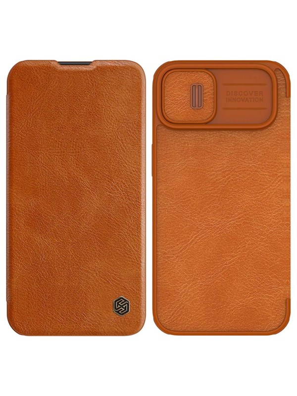 Nillkin Qin Leather Pro Case iPhone 14 Plus Case Camera Cover Holster Cover Flip Case Brown