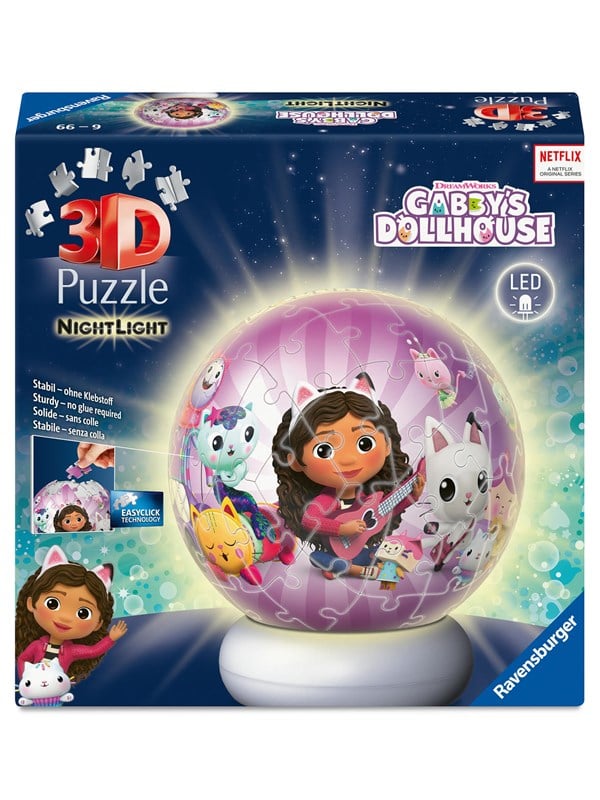 Ravensburger 3D Puzzle Nachtlicht Gabby's Dollhouse - Puzzle-Ball mit LED Nachtlicht als Nachttischlampe für Kinder ab 6 Jahren