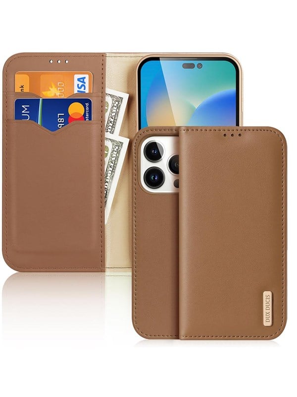 Dux Ducis Hivo Leather Flip Case Genuine Leather Cover Card & Document Wallet iPhone 14 Pro Brown
