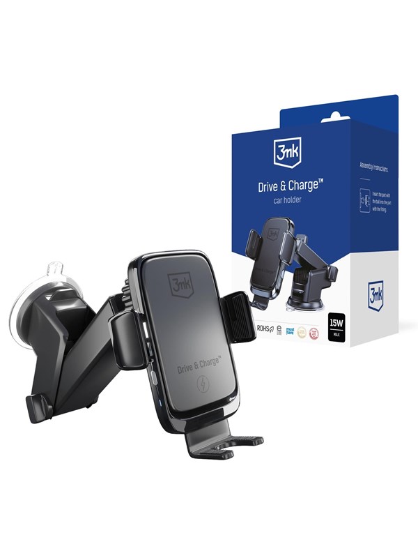 Image of 3mk Drive & Charge car phone holder for grille/window/cockpit with inductive charger - black