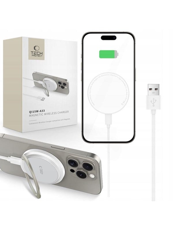 Tech-Protect QI15W-A33 Inductive Charger with MagSafe and Stand with USB-A / USB-C Cable - White