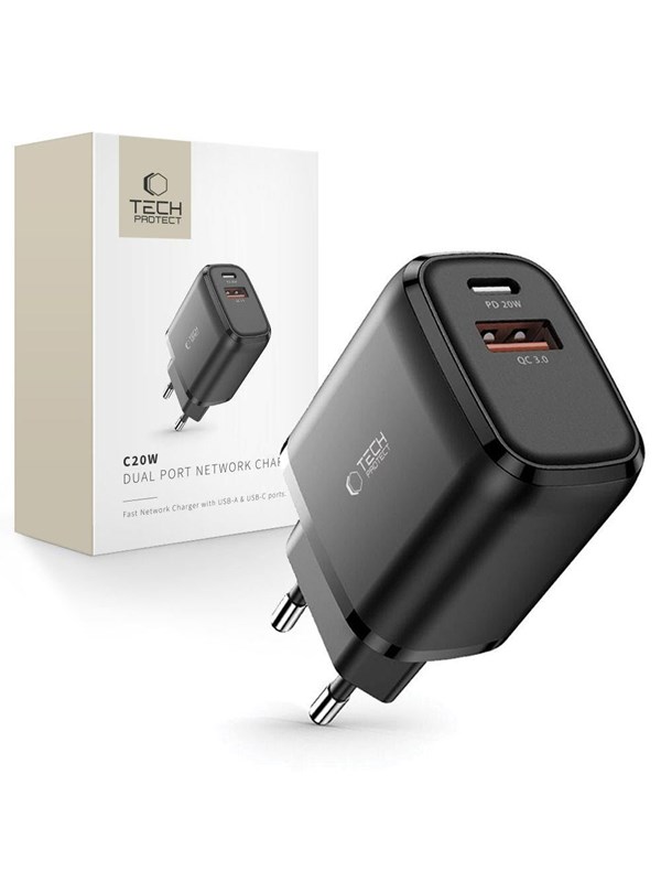 Tech-Protect C20W USB-C PD 20W / USB-A QC 3.0 Mains Charger - Black