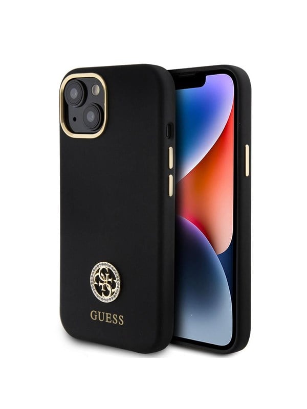 GUESS Silicone Logo Strass 4G Case for iPhone 15 - Black