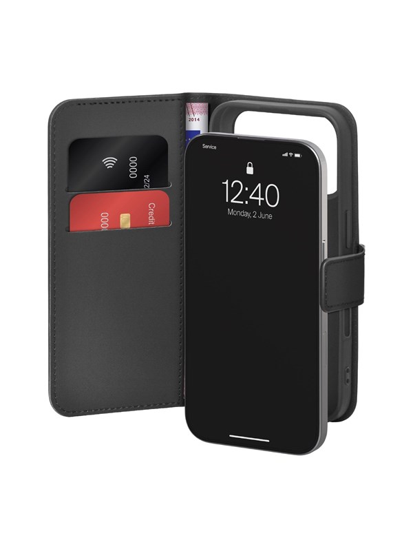 Puro Wallet Stand Case for iPhone 17 Pro Made of Eco-Leather with a Flap Wallet and Stand Function - Black