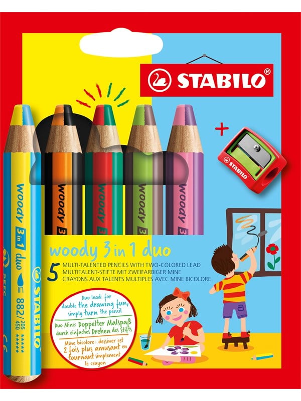 STABILO woody 3 in 1 Duo - Multitalent Coloured Pencil - Set 5 pcs  Pencil Sharpener
