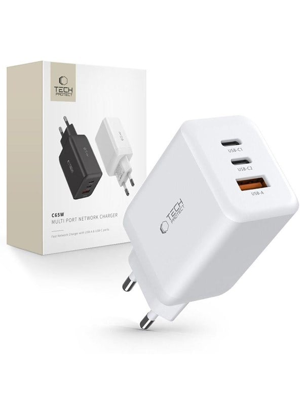 Tech-Protect C65W AC Charger 2x USB-C PD 65W / USB-A QC 3.0 - White