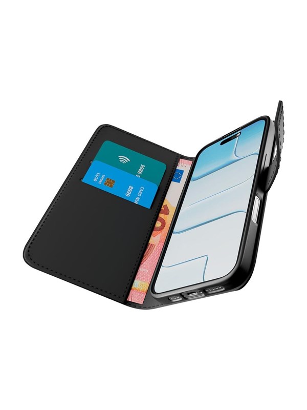 Puro Wallet Stand case for iPhone 17 made of faux-leather with a flap wallet and stand function - black