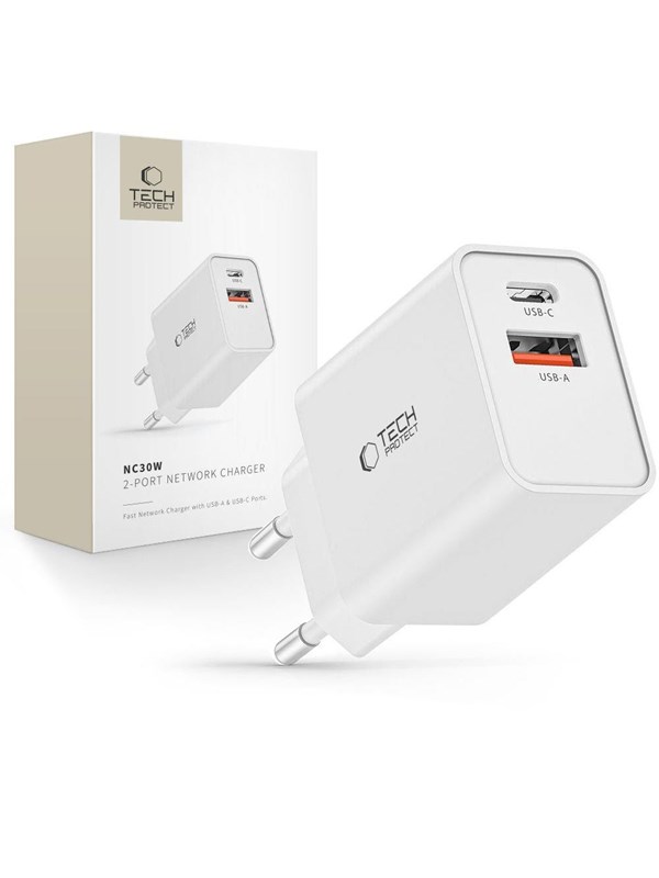 Tech-Protect NC30W Mains Charger USB-C PD 30W / USB-A QC 3.0 - White