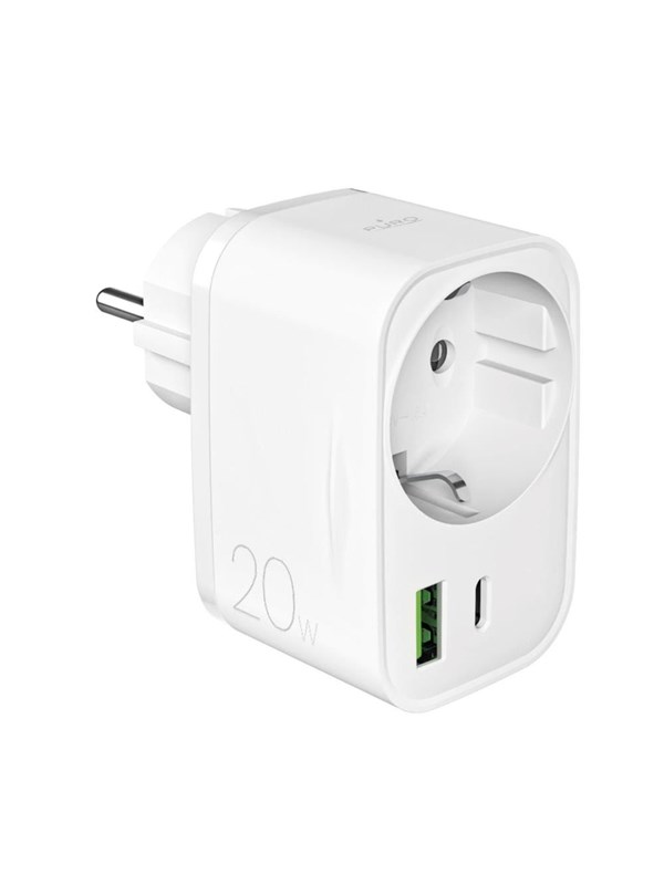 Puro 20W Power Delivery Charger with Schuko Plug and Socket 1x USB-C + 1x USB-A - White