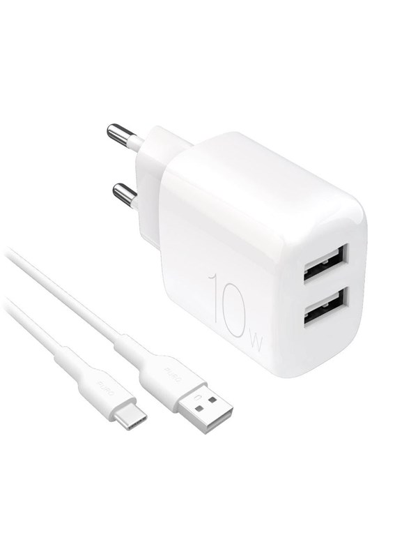 Puro PROLITE 10W 2x USB-A wall charger + USB-A - USB-C cable 1.2m - white