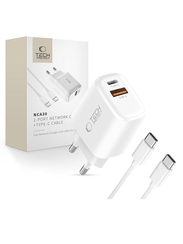 Tech-Protect NCA30 PD 30W QC3.0 USB-A / USB-C + USB-C / USB-C Cable 100cm - White