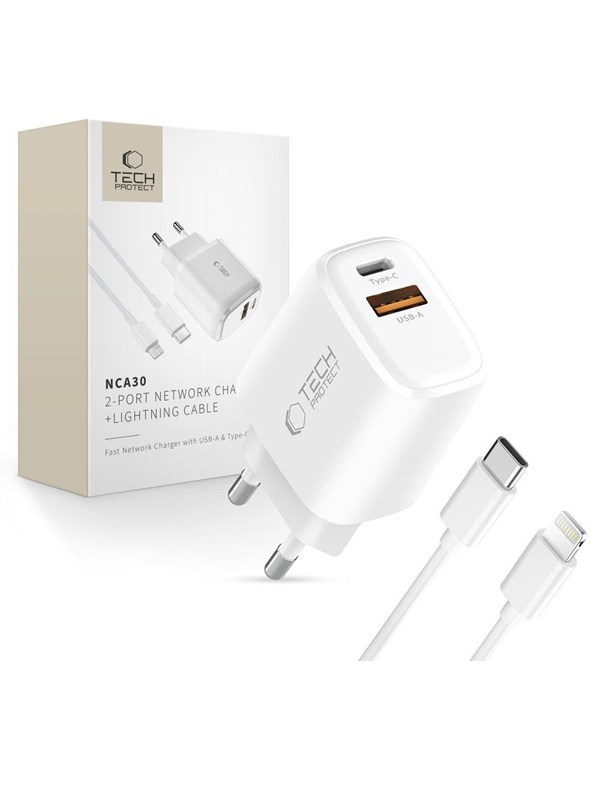 Tech-Protect NCA30 PD 30W QC3.0 USB-A / USB-C + USB-C / Lightning Cable 100cm - White