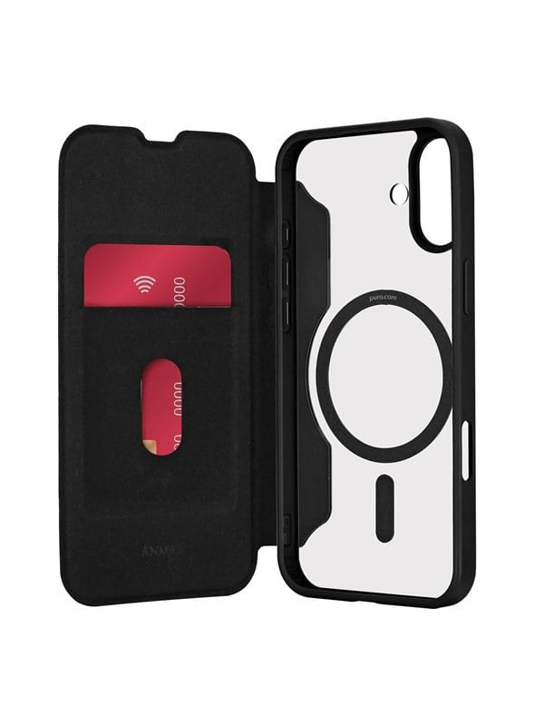 Puro Book Mag MagSafe Leather Case with Flap and Card Slot for iPhone 16 - Black