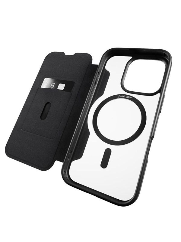 Puro Book Mag MagSafe Leather Case with Flap and Card Slot for iPhone 16 Pro Max - Black