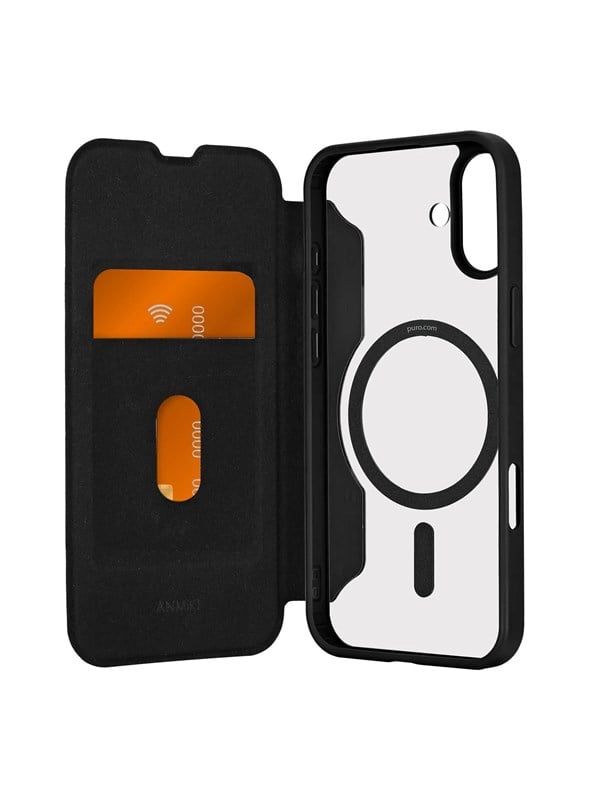 Puro Book Mag MagSafe Leather Case with Flap and Card Slot for iPhone 16 Plus - Black