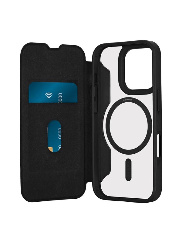 Puro Book Mag MagSafe Leather Case with Flap and Card Slot for iPhone 16 Pro - Black