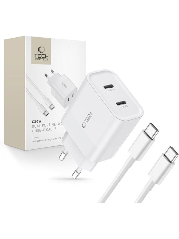 Tech-Protect C20W AC Charger 2x USB-C PD 20W with USB-C / USB-C Cable - White