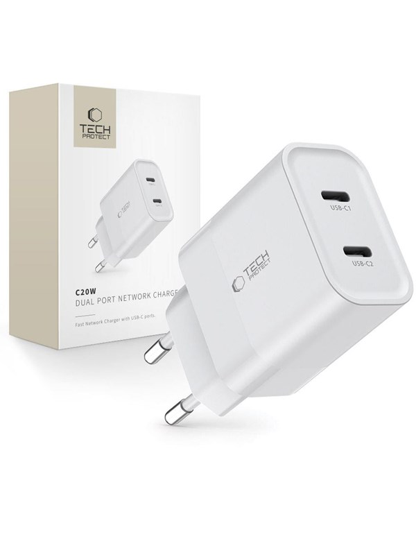 Tech-Protect C20W AC Charger 2x USB-C PD 20W - White