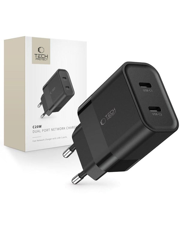 Tech-Protect C20W Mains Charger 2x USB-C PD 20W - Black