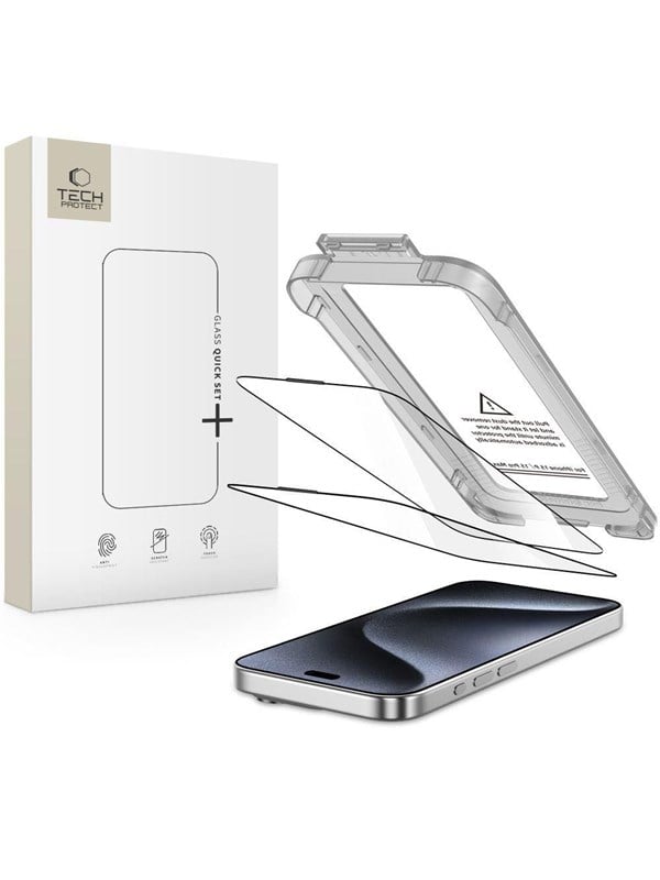 Tech-Protect Quick Set+ 2-pack Tempered Glass Screen Protector for iPhone 15 Pro - Black