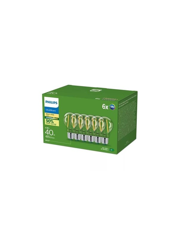 Philips LED filament-magnetic light bulb Ultra Efficient A60 2,3W/827 (40W) Clear 6-pack E27