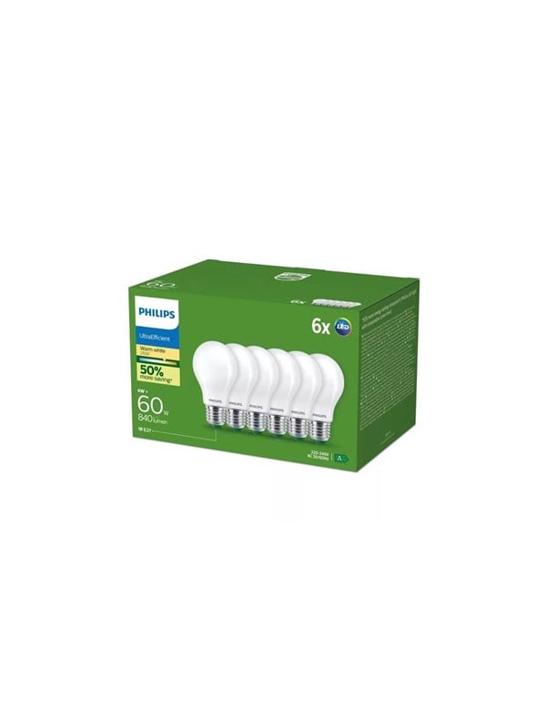 Philips LED-Lampe Ultra Efficient A60 4W827 60W Frosted 6-pack E27