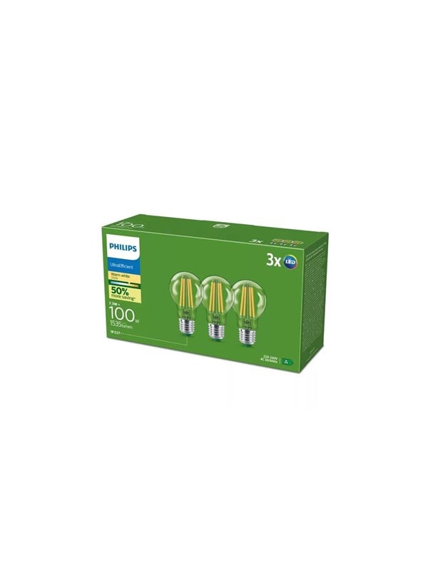 Philips LED-Lampe Ultra Efficient A60 7,3W/827 (100W) Clear 3-pack E27