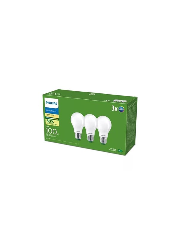 Philips LED-Lampe Ultra Efficient A60 7,3W/827 (100W) Clear 3-pack E27