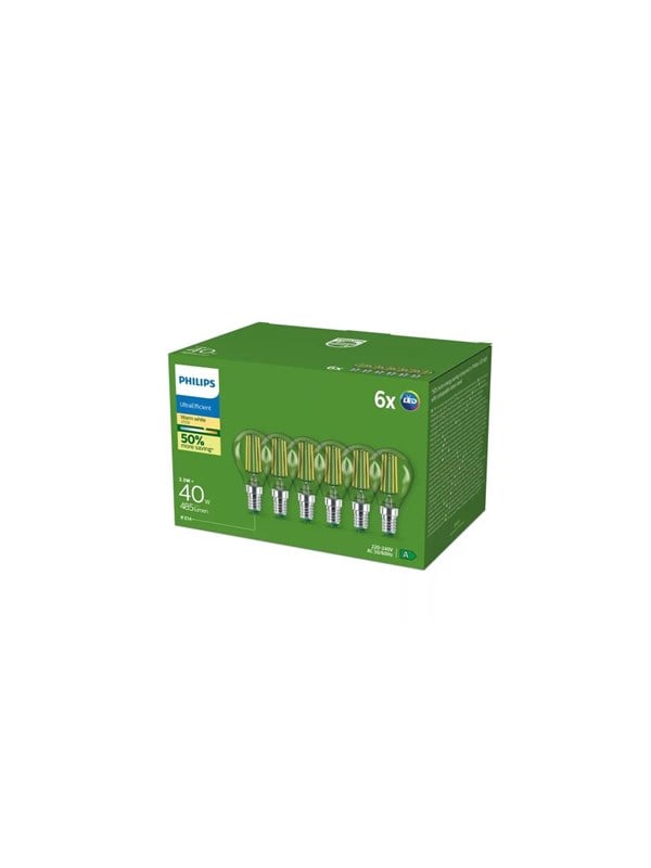 Philips LED-Lampe Ultra Efficient P45 2,3W/827 (40W) Clear 6-pack E14