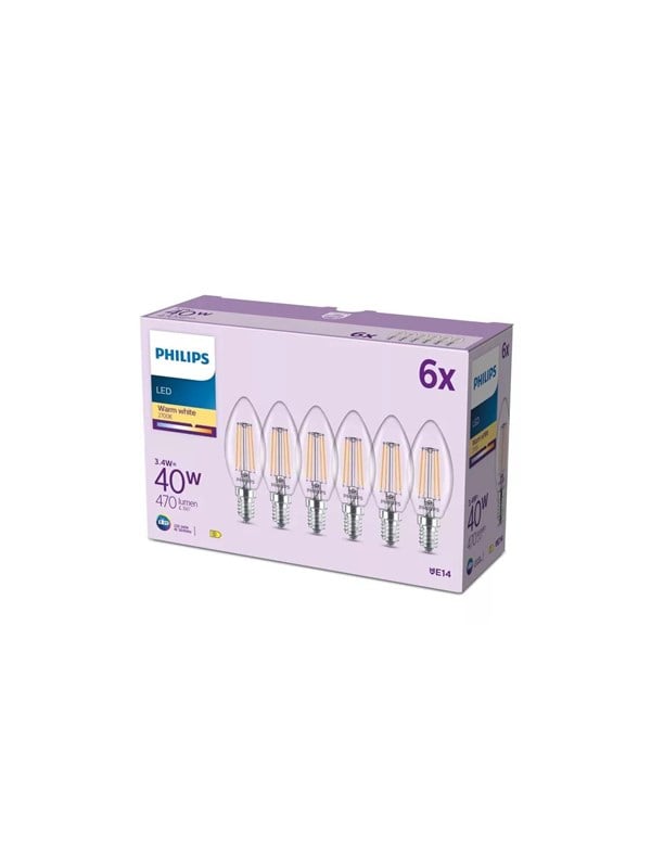 Philips LED-Lampe B35 3,4W/827 (40W) Clear 6-pack E14